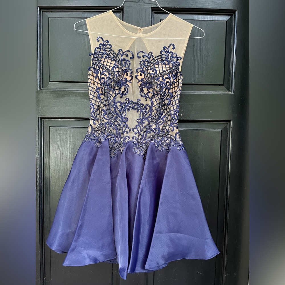Navy blue illusion beaded short dress. Size 6 and only worn once!